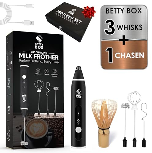 BETTY BOX Milk Frother Handheld, Rechargeable Electric Whisk for Coffee, Matcha & Cold Foam | 3-Speed Handheld Milk Frother with 3 Whisks & Bamboo Chasen | Luxury Magnetic Gift Box Mini Coffee Mixer