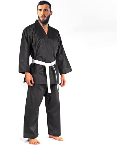 Farabi Sports Taekwondo Uniform for Men – Lightweight 230+ GSM V-Neck Taekwondo Suit with Elastic Waistband & Drawstring | Durable Cotton-Blend Taekwondo Dobok for Training & Sparring (Black, 3/160)