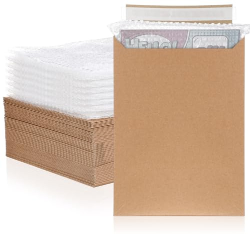 MotiMind 50 Pcs Comic Book Mailers Ship Envelopes Box 8.27 x 11.42 Inches with Bubble Protector, Flat Rigid Brown Kraft Paper Mailers with Self Adhesive Seal for Shipping Photos, Magazines