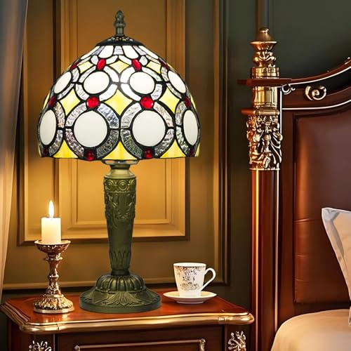 Ppbmocw Tiffany Style Lamp,Yellow Ring,3 Color Temperatures,8 inch | Small Stained Glass Table Lamp For Bedside,Living Room,Bedroom,Reading,Traditional Light,Vintage Art Deco Lamps,Holiday Gifts