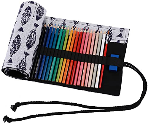 Amoyie Colouring Pencil Case 72 Slots, Roll Up Pen Holder, Pencil Wrap Fish | Canvas Organiser Bag for Coloured Pen, Foldable Carrier for School, Outdoor Sketch, Artist Storage Bags, Large Capacity