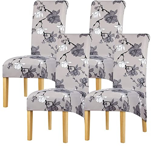 Leorate Floral High Back Dining Chair Covers Set of 4 – Stretch Elastic Slipcovers with Magnolia Print, Light Gray, Washable Removable Furniture Protector for Kitchen, Banquet & Home Decor