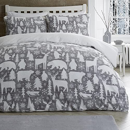 Fusion Arctic Animals Teddy Fleece Duvet Cover Set – King Size 230x220cm – Polar Bear, Deer & Penguin Print – Includes 2 Pillowcases – Soft Winter Bedding – Christmas Bedroom Decor