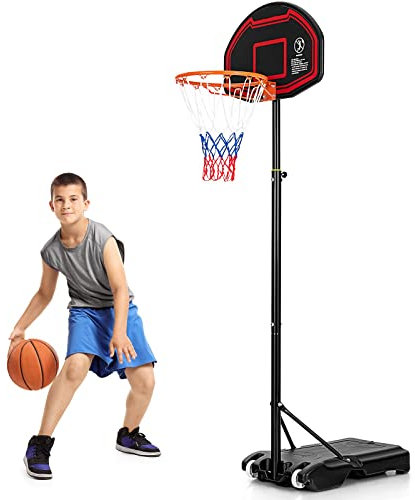 GYMAX Basketballkorb 155-210 cm, Höhenverstellbarer Basketballständer mit Netz & bruchfester Rückwand, Kinderbasketballkorb mit Befüllbarer Basis & 2 Rädern für Innen- & Außenbereich