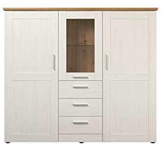 trendteam smart living - Shade - Schrank - Weiß/Eiche - Highboard mit 3 Türen, 3 Schubladen, 2 Kleiderböden, 4 Einlegeböden und 1 Glasboden - (BxHxT) 159 x 140 x 41 cm - silberfarbene Griffe