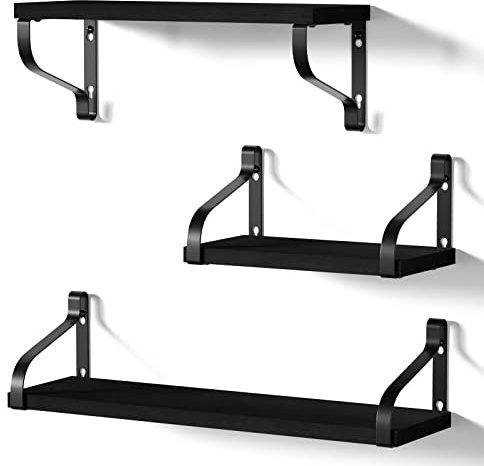 Love-KANKEI Floating Wall Shelves with Brackets, Black Paulownia Wood | Wall-Mounted Shelf Set, 18kg Capacity per Shelf, 3 Sizes Included, Three-Way Bracket Mounting, for Bedroom, Bathroom, Kitchen