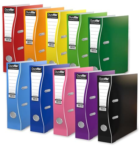 Durafile Lever Arch Files, Pack of 10 Folders Vibrant Assorted Colours, Heavy Duty Board Construction A4 Lever Arch File Organiser, Ideal Folders for Paperwork A4 for School, Home and the Office