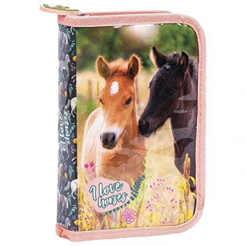 Ragusa-Trade Pferde 1-Fach Federtasche Federmappe Schlamper 22 TLG. gefüllt (PWJKO) Mädchen Kinder, rosa/braun, 20,5 x 13 x 4 cm