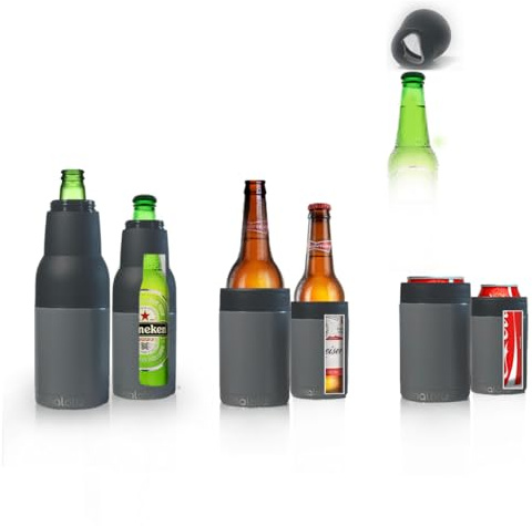 Multi-Function Beer Bottle Koozie & Cooler – Stainless Steel Chiller for 12 oz Glass Bottles, Regular & Skinny Cans – Coffee Tumbler & Built-in Opener (Gray)