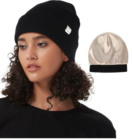 Hat Hut Berretto Cappello Invernale da Donna Uomo, Berretto Foderato in Raso, Morbido Berretto da Sci Caldo Unisex Cappello in Maglia Slouchy Beanie (IT, Testo, Taglia Unica, Nero)