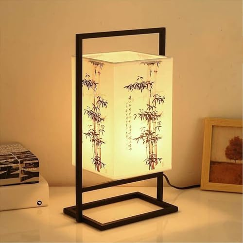 RIAMTGCX Lampada da comodino camera da letto giapponese Lampada da scrivania industriale struttura metallo nero Lampada da tavolo con paralume quadrato in tessuto (interruttore a pulsante, bambù)