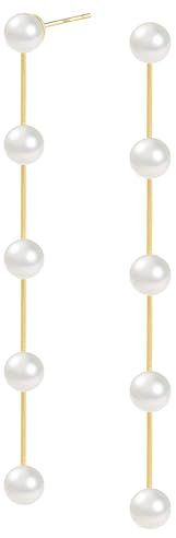 Gold Ohrringe Perlen für Damen, Lange Hängende Ohrstecker Boho Perlen ohrringe Sterling Silber Perlen Ohrhänger kleine Perlenanhänger Ohrringe Perlen Ohrstecker für Braut Hochzeit Geburtstag