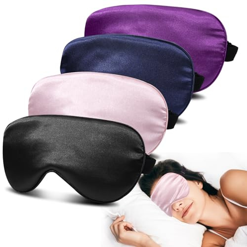 JroyJoy 4 Pack Super Soft Silk Sleep Mask for Side Sleepers, 100% Blackout, Zero Eye Pressure, Blindfold with Adjustable Strap, Travel Eye Covers (Black, Pink, Blue, Purple)