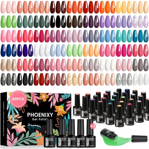Phoenixy Kit Uñas Semipermanentes, 54 Colores Esmaltes Semipermanentes Uñas con Mate Brillantinado Brilloso y Base Top Coat, Rosa Amarillo Nude Kit Uñas Regalo para Mujeres