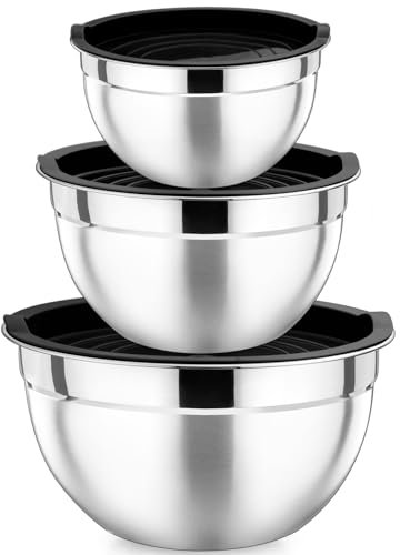 P&P CHEF Black Mixing Bowls with Lids, Set of 3, Stainless Steel Salad Nesting Bowl for Mixing, Storing, Prepping, Airtight & Stackable, Size 4.6/3 /1.5 QT