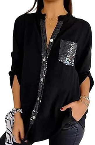 Baumwoll-T-Shirt mit V-Ausschnitt, Pailletten, mittellang, lässiges Oberteil, Glitzer-Pailletten, Damen-T-Shirt, Knopfleiste, Übergröße, Tasche, kurze Ärmel, glänzende Hemden für Damen, V-Ausschnitt