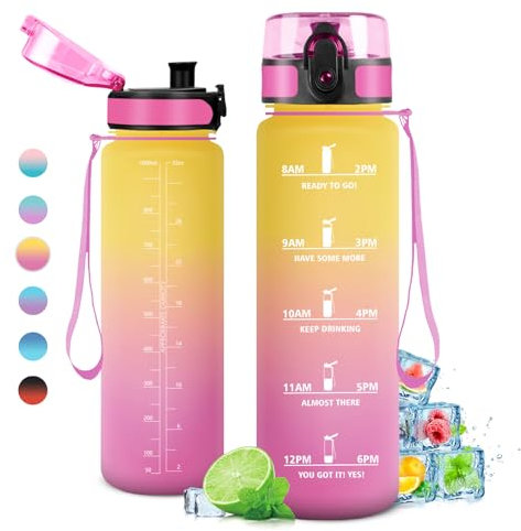 KollyKolla Borraccia sportiva 1L, Borraccia Palestra, Bottiglia Acqua a Prova di Perdite,Motivazionale con Filtro, per Bambino, Bambina, Sport, Scuola