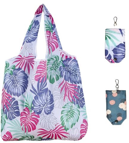 KEYRI 2 Stück Wiederverwendbare Einkaufstaschen Faltbar Lebensmittelbeutel Waschbar Faltbar Einkaufstaschen für Den Alltag Langlebig Tragbar Leicht Tragetaschen (Gänseblümchen, Blatt)
