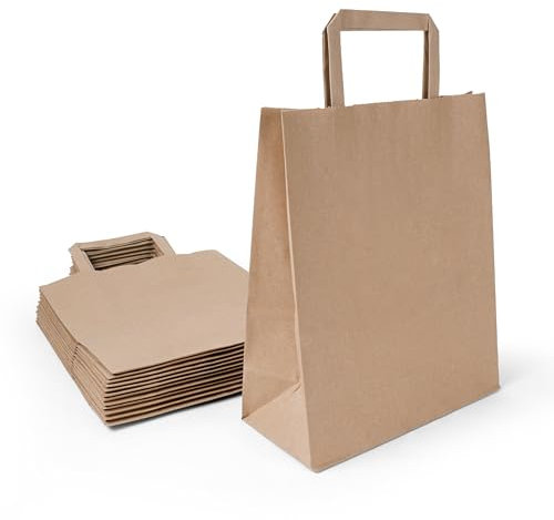 Inoverse 50 stk Papiertüten mit Henkel, Papiertragetaschen, 22+10x28 cm Geschenktüten, Braun Kraftpapiertüte, Papiertaschen, Groß Einkaufstüten