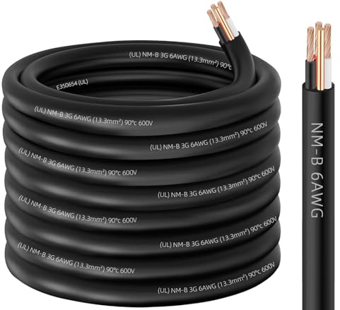 NM-B 6/3 Wire with Ground,75ft 6/3 6 Gauge NM-B Wire Copper 6 AWG 3 Conductor with Ground,Nonmetallic Sheathed NMB Cable,6-3 Residential Indoor Wiring for Branch Circuit Switches,Outlets,Other Loads