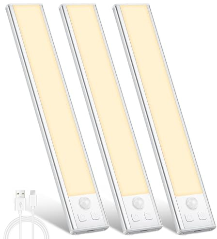 Ylatoial Luz de Armario Recargable con Sensor Movimiento, 20.5CM 3000K Regulable Lampara LED Adhesiva, Luz Nocturna para Cocina,Gabinete,Escalera,Sótano,Garaje-3PCS