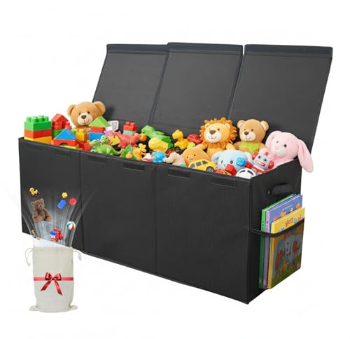 USOR Extra Large Toy Storage Box with Lid Collapsible Sturdy Toy Storage Rganizer Toy Chest Bins with Divider for Boys Girls,Toy box Bins for Bedroom,Playroom,94x41x36cm(Black)