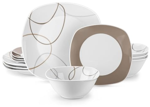 Juego de vajilla cerámica 12/24 piezas, juego porcelana blanca con líneas marrones, servicio cena/postre/tazón for 4/8(12 Piece)