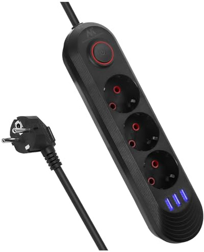 Maclean MCE394/MCE395 - Ciabatta multipresa, USB 2500W, 1,5 m, compatta con interruttore, porte USB illuminate a 45°, montaggio a parete (nero, 3 connettori)