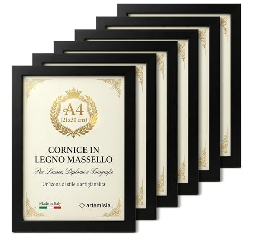 Set 6 Cornici A4 21x30 in Legno Massello, Cornici da Parete e Tavolo per Laurea Diplomi e Foto, Cornice A4 Legno con Vetro Acrilico, Cavalletto e Gancio, Made in Italy