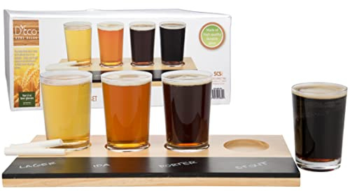 D'Eco Beer Tasting Flight Sampler Board - Set Includes Four 6 oz Pilsner Craft Brew Glasses & Wooden Tray w Chalkboard - Great for Football Watch Parties & Date Nights - Valentines Day Gift for Him