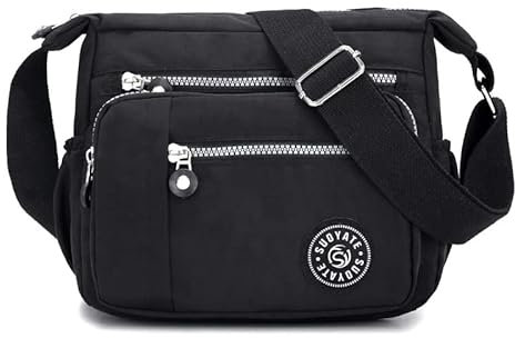 Womens Multi Pocket Casual Canvas Crossbody Bag Travel Purse Messenger Handbag for Shopping Hiking Daily Use (Black)