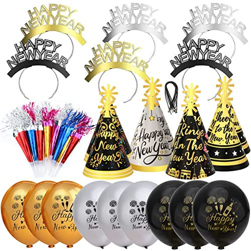 HOWAF Silvester Deko 2026 Party Set, 43pcs Happy New Year Haarreif Silvester Kopfschmuck Partyhüte Silvester Accessories Fotorequisiten Tröten und Luftballons für Kinder Erwachsene Neujahr Partydeko