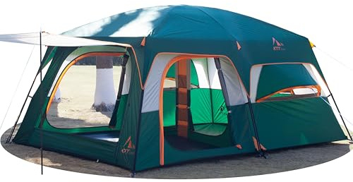 KTT Extra Large Tent 12 Person,2 Bay-Windows,Family Cabin Tents,14'Lx10'Wx6.58'H,2 Rooms and 3 Doors 3 Windows with Mesh,Waterproof,Straight Wall,Big Tent for Outdoor,Picnic,Camping,Gathering(Green)