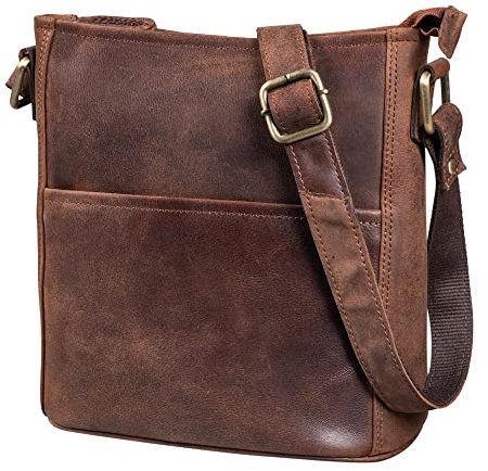 LEABAGS Leder Handtasche Damen I Premium Echtleder Umhängetasche I Damen Schultertasche I Damentasche I Tragetasche für Arbeit Uni Schule Freizeit I Größe M (24 x 23 x 6 cm) I Nut