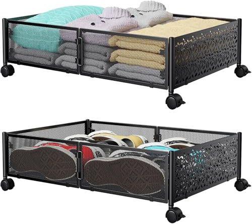 Contenitori sotto il letto con ruote, organizer per scarpe sotto il letto, cassetti, contenitori in metallo da assemblare senza attrezzi per camera da letto, vestiti, scarpe, coperte, 2 pezzi