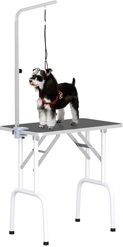 PawHut 32 Foldable Dog Grooming Table with 20-60cm Adjustable Arm, Black | Pet Drying Beauty Table, Rubber Top