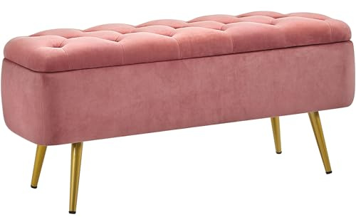 Yaheetech Ottoman with Storage, Velvet Entryway Bench with Safety Hinge, Upholstered Bench with Seating for Bedroom, Living Room, Holds up to 519 lb, Pink