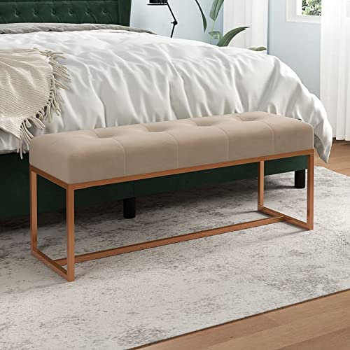 LAPOOH Banco de Terciopelo Beige 110x36x45 cm, Banco Recibidor, Banco Comedor, Bancos para Cocina, Banco Vestuario, Mueble Camper