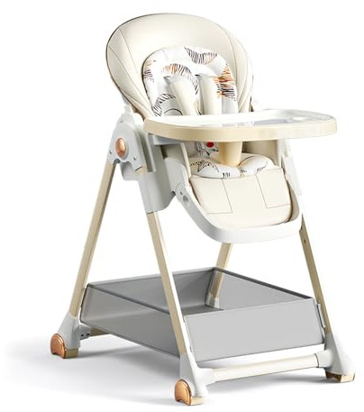 Nine point nine Cuero PU Trona de Bebe, Multifuncional Convertible Trona Plegable con 6 Alturas y 3 Posiciones Reclinables, Silla Bebe Comedor con Bandejas Dobles Desmontables y Ruedas (808 White)
