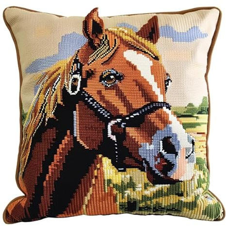 kitphoenix Cuscino da Ricamare Punto Croce Cavallo Kit Punto Croce da Ricamare 45x45cm Cuscino Ricamato a Mano con Punto Croce Set Fai da te per Adulti Principianti per Arredamento Casa