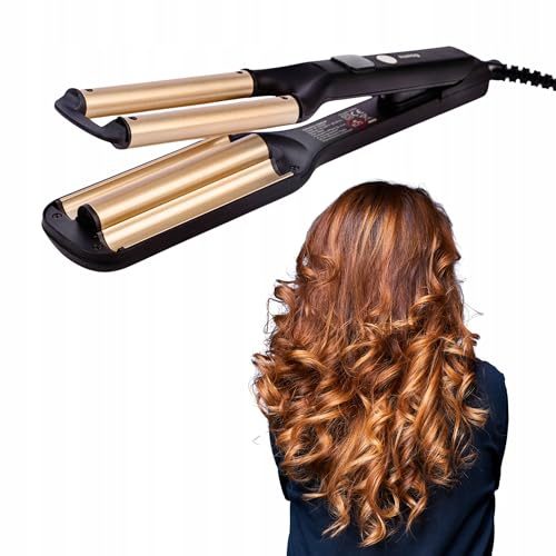 Huslog Ferro Arricciacapelli 3 Barre per Beach Waves, Piastra Onde Professionale in Ceramica, 3 Temperature 100–200°C, Riscaldamento Rapido, Cavo Girevole 360°, Nero/Champagne