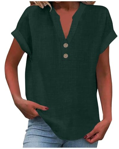 KOG Damen Tshirt Elegant Leinenshirt Oberteile Lose Kurzarm Oberteil Frauen Bekleidung Leinenbluse Blusen Teenager Rundhals Retro Longbluse Grün L