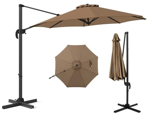 COSTWAY Parasoll 300 x 300 cm, trafikljus med vev, trädgårdsparaply lutbar, 360° roterbar, stor terrassparaply, rund marknadsparaply för trädgård, terrass, BRUN, 300 cm