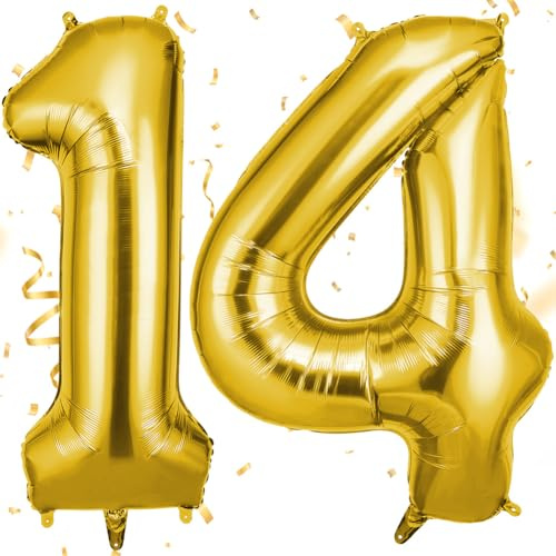 OFFCUP Ballon d'Anniversaire 14 Ans Or, Foil Ballon Numéro Chiffre 101cm, Gonflable Hélium, Deco Anniversaire 14 Ans Grand Ballons pour Fête Party Mariage