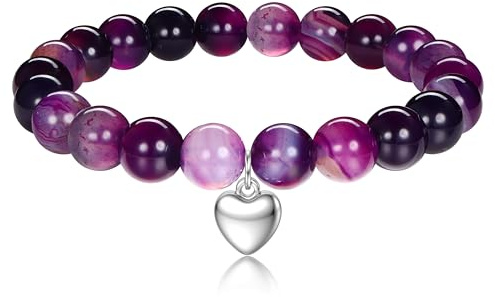 Kakonia Bracelet Pierre Naturelle Femme Perle Bracelet Cœur Argent Bracelets Anti Stress Bohème Bracelets Fantaisie Femme Bijoux -Violet