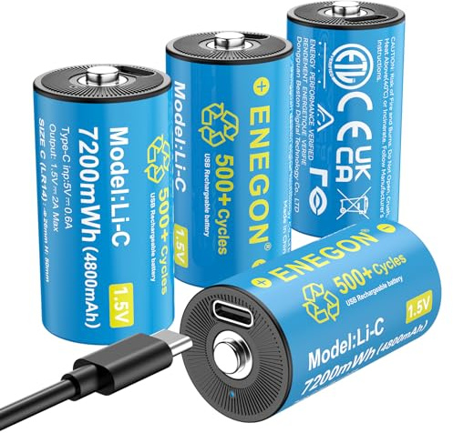 ENEGON Paquete de 4 pilas recargables C/LR14, 1,5 V 7200 mWh con cable de carga rápida USB-C, ideal para reproductores de CD, radios, linternas, juguetes para niños, luces de campamento o emergencia