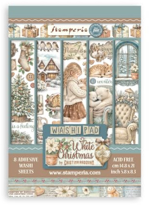 Stamperia – Washi Pad för scrapbooks, album, kort, bullet journals och more, genomskinlig och lätt att klippa, akid fri, perfekt för hobbyer, hantverk och gåvor (vita jul) (A5) (8 ark)