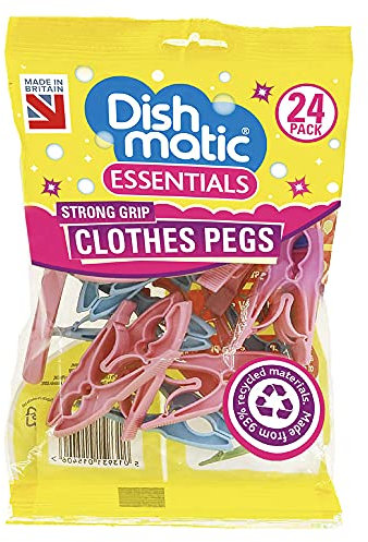Dishmatic Essentials Clothes Pegs – Weatherproof and Machine Washable – 93% Recycled Plastic – One-Piece, Metal-Free Design – Assorted Pack of 24 Pink & Blue Pegs