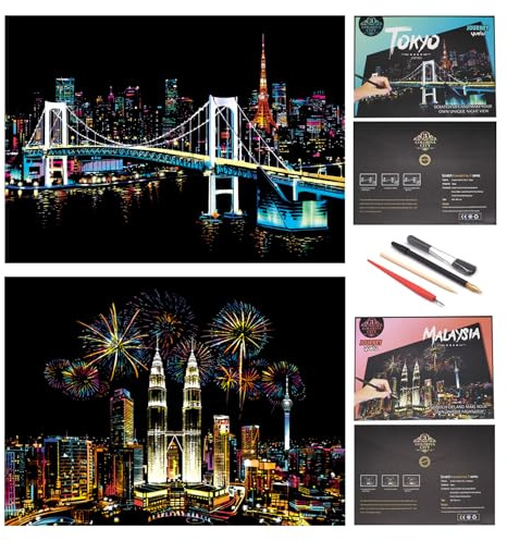 BOTEEN Scratch Rainbow Painting Art Paper Scratch & Sketch Art for Adults,Scratch Painting Creative Gift foil Engraving Craft Set Sketch Pad DIY Scratchboard with 4 Tools,16''x11''(Asian Series)