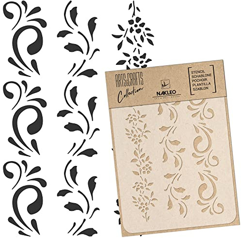 NAKLEO Stencil di Pittura Artigianato, A5 15x21cm Confine Fiore Pianta, Fai da te Modelli Plastica e Riutilizzabili, Arte Scrapbooking Geometrico Decorazioni Casa, Pareti Muro Legno Mobili
